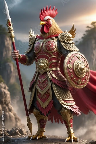 A proud anthropomorphic rooster warrior clad in vibrant red-and-gold engraved armor, feather-inspired detailing, heroic stance, Chinese fantasy style