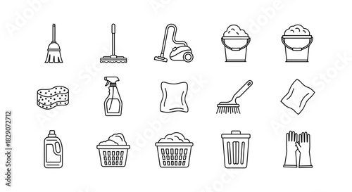 Cleanliness essentials: linear icons of brooms, mops, and more for household chores