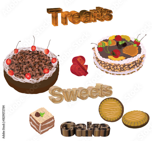 Cake covered with chocolate and various fruits for celebrations.eps