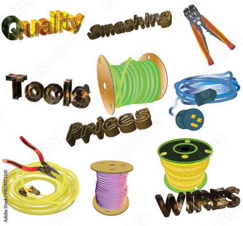 Electrical wire reel, wire cutter, pliers, and plug in yellow and orange.eps