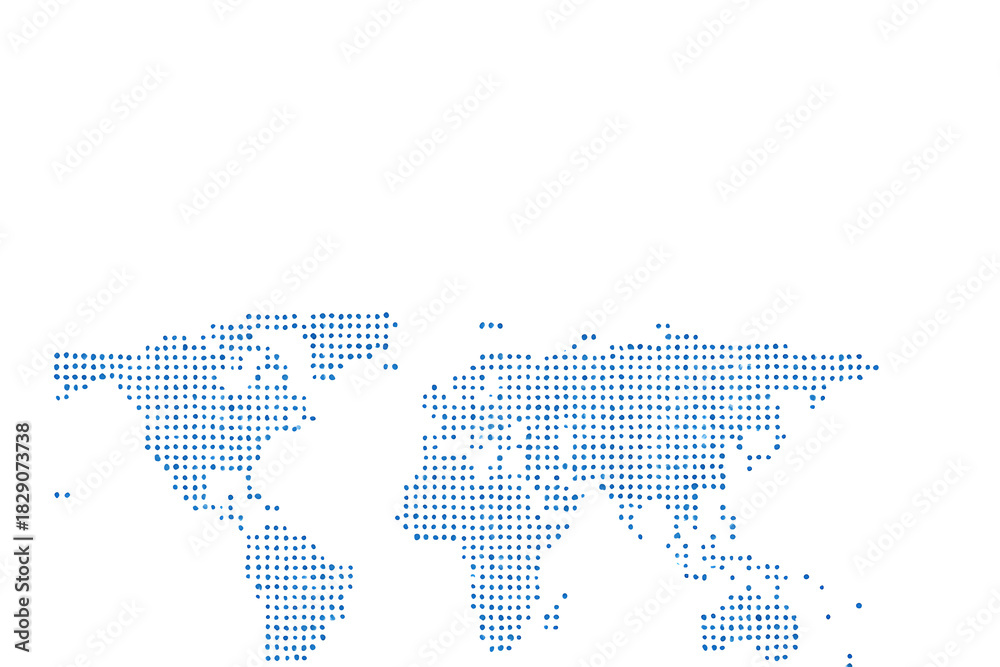 Fototapeta premium Minimal dotted world map in blue on white background, global network connection and international business infographic template with copy space 