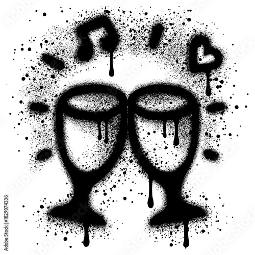 Champagne glass cheer icon in graffiti style with black spray paint