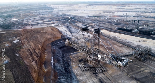 A large bucket wheel excavator in an open pit lignite - brown coal - mine, Germany