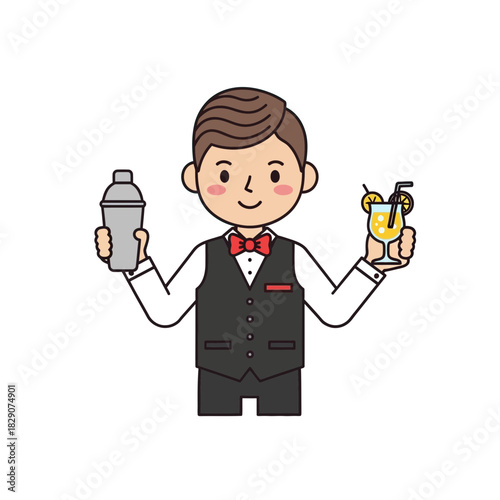 Cute Bartender Cartoon Character Holding Shaker and Cocktail Drink Vector