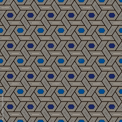 Hexagonal seamless pattern. Honeycomb surface print. Mosaic tiles. Flooring background. Wicker image. Geometric ornament. Digital paper. Modern geometrical wallpaper.
