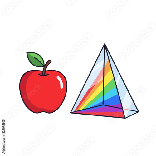 Red apple and glass prism showing rainbow colors for Newton Day  
