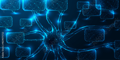 AI neural network communication concept with abstract brain structure and speech bubbles