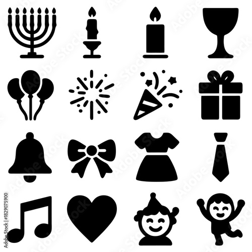 Celebration Symbols: A collection of various celebration symbols including candles, balloons, gift, music note and some other icon.