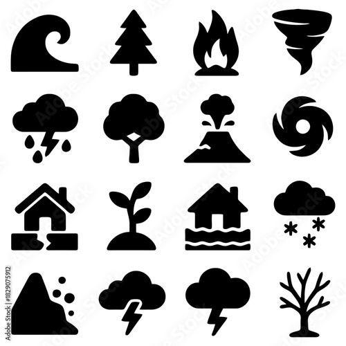 Natural Disaster Icons: A visual representation of various natural disasters, depicted through simple, impactful icons, designed to communicate potential hazards and threats.