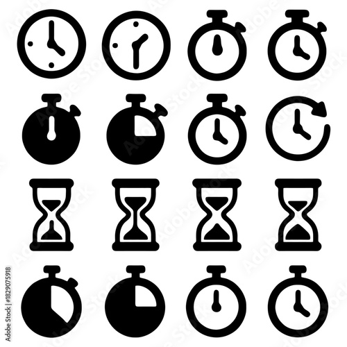 Time Icons: A diverse collection of minimalist clock and timer icons, conveying concepts of time, measurement, and deadlines.