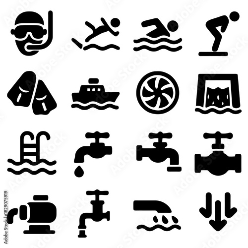 Water-Related Icon Set: An array of icons related to water activities, elements, and usage, ideal for design projects and informative content. The collection represents various aspects of water.