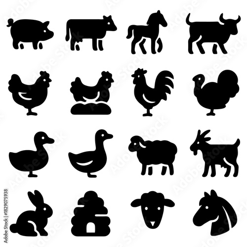 Farm Animals Icons Set: A collection of simple, stylized icons depicting various farm animals, representing the diversity of life on a farm. These icons symbolize the rural lifestyle.