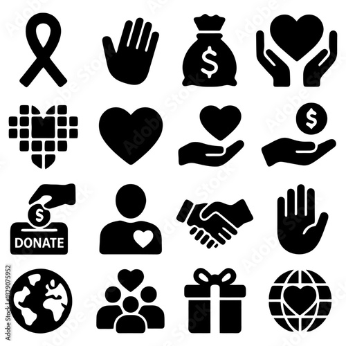 Icons of Giving and Kindness: A comprehensive collection of iconic symbols representing the spirit of charity, donation, and goodwill. These graphic elements communicate the essence of giving.