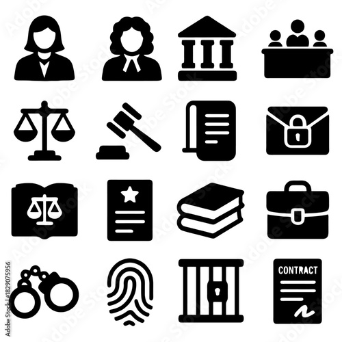 Justice System Icons: A comprehensive set of illustrative icons representing various facets of the legal system and judicial proceedings, designed with a focus on simplicity and clarity.