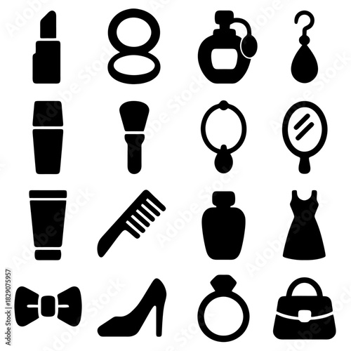 Cosmetics Collection: A curated collection of essential beauty items, elegantly presented as silhouettes, highlighting the refined accessories