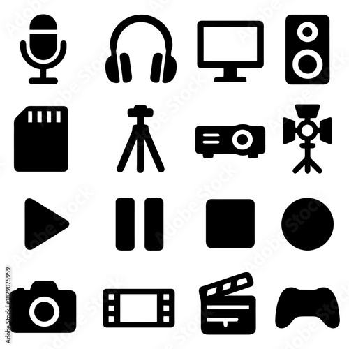 Media Icons Collection: A curated collection of media icons, artfully arranged, encompassing elements of audio, video, and visual media, ideal for digital projects and creative endeavors.