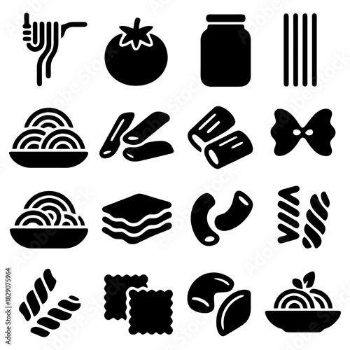 Assorted pasta icons: An illustrated collection showcases a variety of pasta shapes and ingredients, including spaghetti, tomatoes, jar and other pasta types.