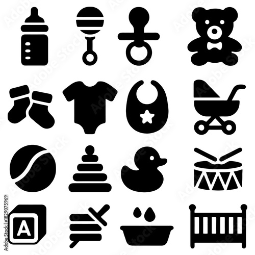 Iconic Baby Essentials: A curated collection of essential items for a newborn, arranged in a simple, graphic style, perfect for illustrating infancy and childcare concepts.