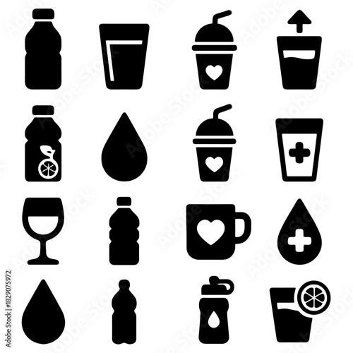Hydration Icons: A collection of sleek black icons represent a variety of refreshing beverages, inviting viewers to explore the world of hydration and wellness.