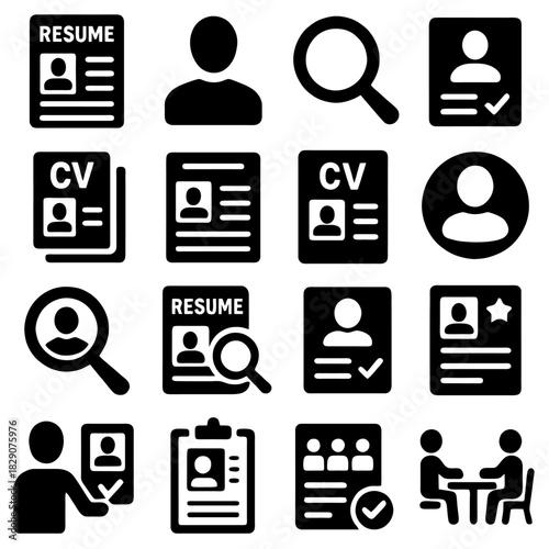 Resume and Interview Icons: A collection of various icons related to job search, including resumes, interviews, and candidate profiles. Designed in a sleek, minimalist style for ease of use.