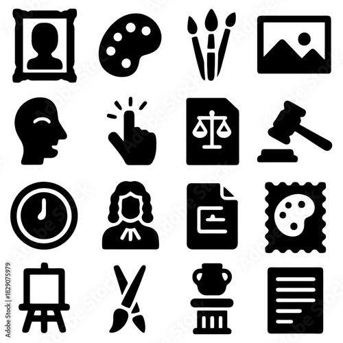 Art Icon Set: A comprehensive collection of iconic symbols representing various facets of art, including painting, sculpture, law, time, and more.