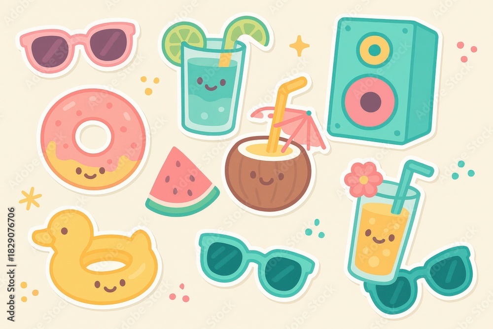 Fototapeta premium Colorful quirky summer themed stickers featuring cheerful illustrations of sunglasses, drinks, and treats evoking a playful outdoor vibe and joyfulness