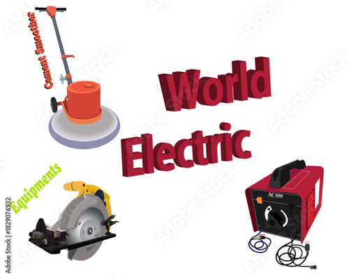 Red iron welding machine. Yellow and silver wood cutting tray. Concrete floor smoothing machine..ai