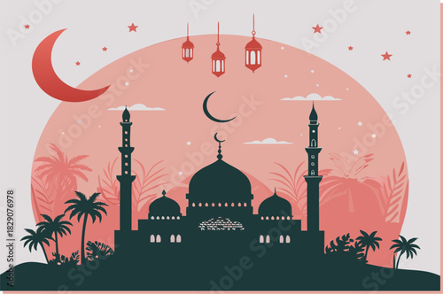 A beautifully designed vector illustration featuring a mosque silhouette set against a warm sunset backdrop, symbolizing the spirit of Ramadan 1447. The artwork includes crescents, stars, hanging lant