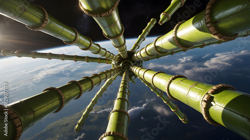 Fototapeta Naklejka Na Ścianę i Meble -  Futuristic space station structure made of bamboo-like tubes orbiting Earth.