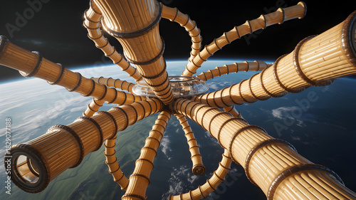 Fototapeta Naklejka Na Ścianę i Meble -  Bamboo space station with earth view in the background, futuristic.
