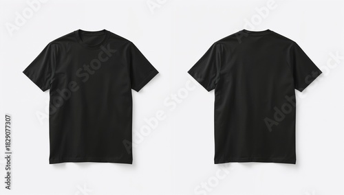 Clean studio shot of blank black crew neck t-shirts, showing front and back. Realistic apparel mock-up for custom designs, branding, and product presentations