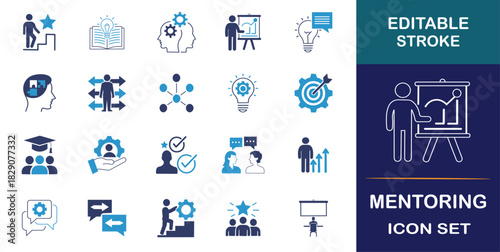 Flat style mentoring icon set collection. Mentoring, guiding, coaching, training, teaching, learning, counsel, support, leadership, and mentee are all included in the icon pack.