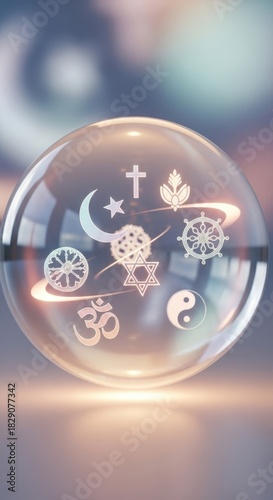 Symbols of major world religions inside a crystal ball, representing faith and spirituality.