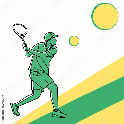 Green tennis player hitting ball with racket