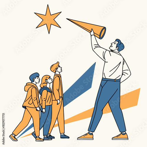 Leader points towards star with team following in same direction