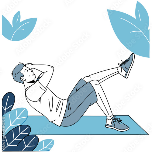 Man doing a sit up exercise on a blue mat