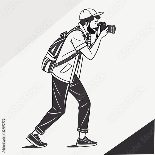 Man holding a camera and wearing a backpack