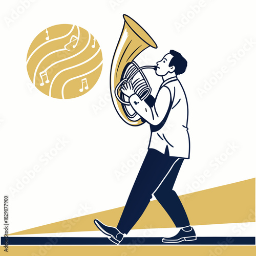 Man playing tuba with musical notes in artistic design
