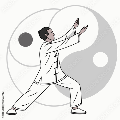 Man practicing Tai Chi martial arts with Yin Yang symbol
