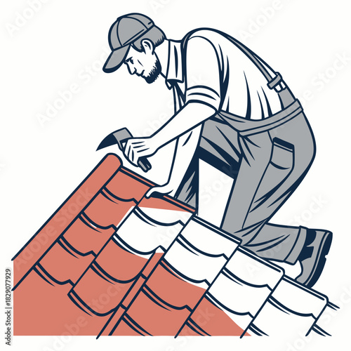 Man repairing a roof tile with a hammer