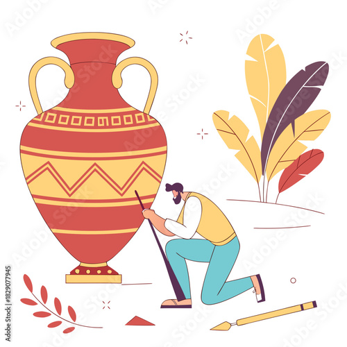 Man repairs ancient ceramic vase with decorative patterns