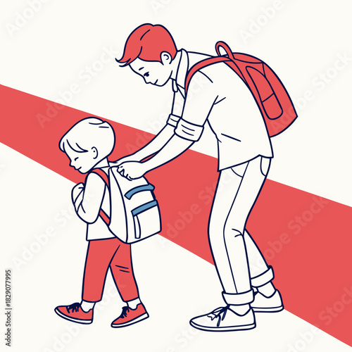 Parent helps child put on backpack for school