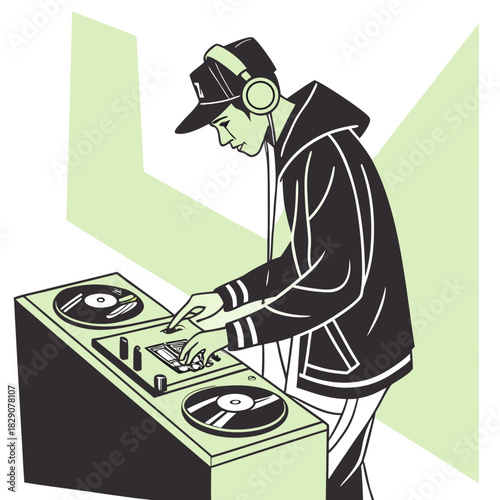 Young man with headphones mixing music at a DJ booth