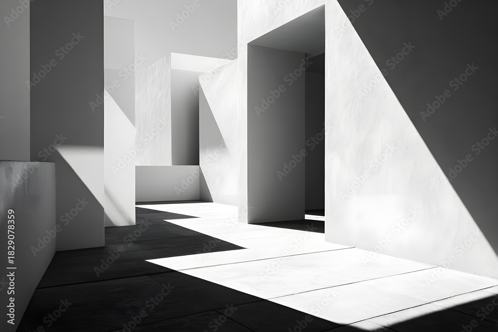 Fototapeta premium Geometric shadows cast on clean architectural surfaces, emphasizing minimalist shapes and soft visual contrasts in space