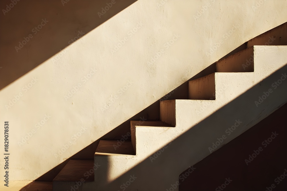 Fototapeta premium Empty staircase with sharp geometric shadows creating minimalist composition focused on simplicity and architectural purity