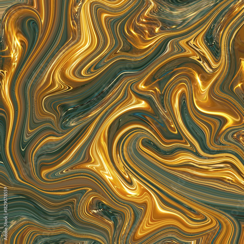 Vibrant gold-teal swirl design with flowing fluid lines and glowing metallic tones, creating a dynamic abstract pattern ideal for modern art backgrounds.