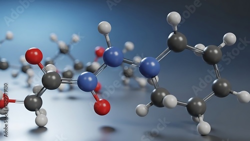 Ball and stick model of a complex organic chemical molecule structure.