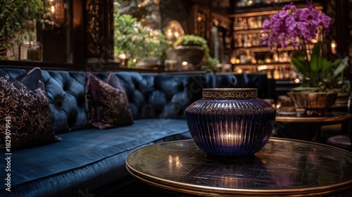 Candlelit Ambiance With Velvet Seating and Decorative Vase During an Evening Gathering in an Upscale Lounge