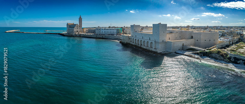 Aerial view of norman seaside castle of Trani built with white stone in Puglia Italy