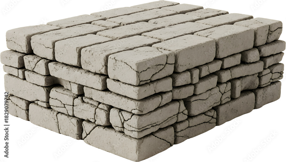 Obraz premium Stacked light brown bricks with visible cracks and texture on a transparent background building material construction cracked